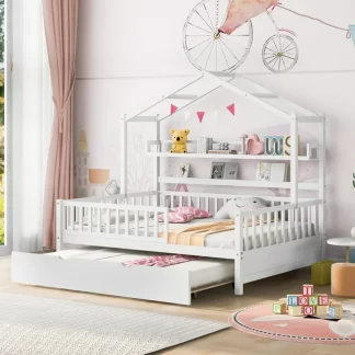 Kumix Platform Bed with Trundle, Wooden House Platform Bed Full Size with Shelves, Roof and Fence Guardrail for Kids Teens Adults, 2 in 1 Beds, No Box Spring Needed, Noise-Free, White