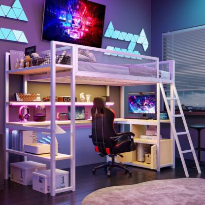 Kumix Loft Bed with Desk, Metal Loft Bed Twin Size with Built-in Work Station, LED, Shelves and Multiple Storage for Kids Teens Adults, Noise-Free Loft Bed Frame with Guardrail and Ladder, White