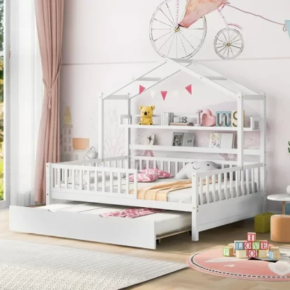 Kumix Platform Bed with Trundle, Wooden House Platform Bed Full Size with Shelves, Roof and Fence Guardrail for Kids Teens Adults, 2 in 1 Beds, No Box Spring Needed, Noise-Free, White