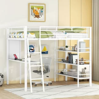 Kumix Loft Bed with Desk and Whiteboard, Metal Loft Bed Full Size with Shelves, Safety Guardrail and Ladder for Kids Teens Adults, Full Loft Bed Frame for Bedroom, Space-Saving, Noise-Free, White