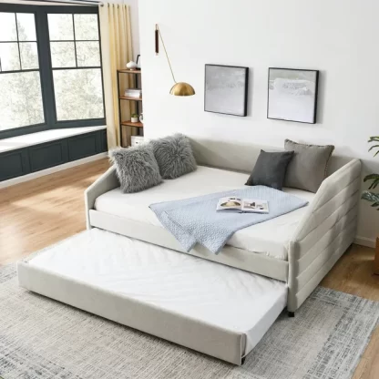 Kumix Full Daybed with Trundle, Upholstered Sofa Bed with Channel Tufted Backrest for Kids Teens Adults, Linen Fabric Daybed for Bedroom, Daybed Frame with Wood Slats Supports, Beige