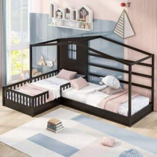 Kumix L-Shaped Platform Beds with Roof, Wood 2 Twin Corner Bed Beds with Fence Guardrail and Slatted Frame for Kids Teens Guests, Low Platform Beds for Bedroom, 2 in 1, Noise-Free, Espresso