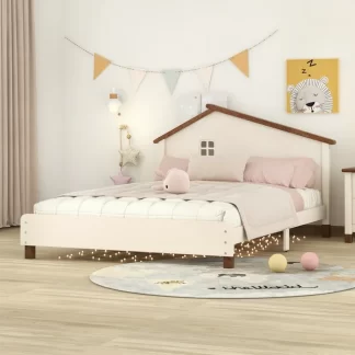 Kumix Platform Bed with House-shaped Headboard, Wood Platform Bed Full Size with 10 Slats Support for Kids Teens Adults, Noise-Free Platform Bed Frame for Bedroom, Dorm, Easy Assembly, Cream+Walnut