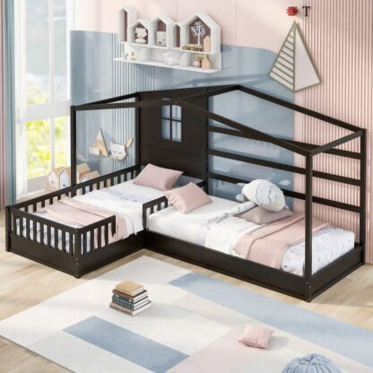 Kumix L-Shaped Platform Beds with Roof, Wood 2 Twin Corner Bed Beds with Fence Guardrail and Slatted Frame for Kids Teens Guests, Low Platform Beds for Bedroom, 2 in 1, Noise-Free, Espresso