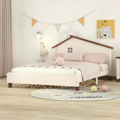 Kumix Platform Bed with House-shaped Headboard, Wood Platform Bed Full Size with 10 Slats Support for Kids Teens Adults, Noise-Free Platform Bed Frame for Bedroom, Dorm, Easy Assembly, Cream+Walnut