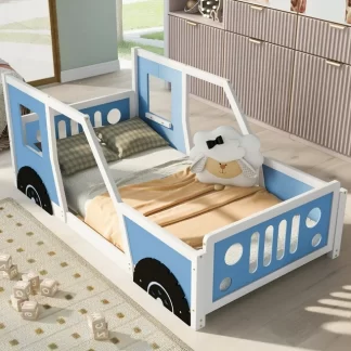 Kumix Twin Size Platform Bed, Wooden Classic Car-Shaped Platform Bed with Wheels/Headboard/Footboard/Doors/Windows for Kids Boys and Girls, Kids Platform Bed for Bedroom, Noise-Free, Blue