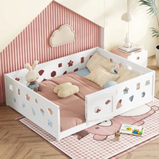 Kumix Floor Bed Full Size, Wood Floor Bed with Heightened Safety Guardrails and Door for Kids Teens, Boys and Girls, Heavy Duty Floor Bed for Child Bedroom, Kids Playroom, Noise-Free, White