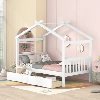 Kumix Platform Bed with Drawers, Wooden House Platform Bed Twin Size with Roof Frame, Headboard and Footboard for Kids Teens Adults, Heavy Duty Platform Bed for Bedroom, Noise-Free, White