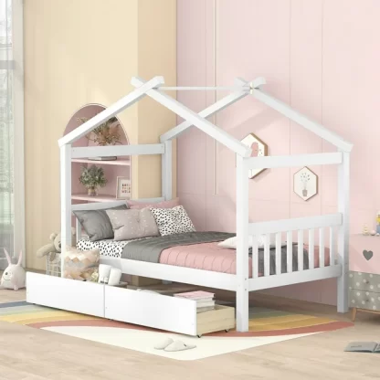 Kumix Platform Bed with Drawers, Wooden House Platform Bed Twin Size with Roof Frame, Headboard and Footboard for Kids Teens Adults, Heavy Duty Platform Bed for Bedroom, Noise-Free, White