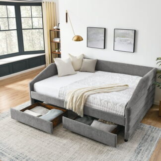 Kumix Queen Daybed with Drawers, Upholstered Sofa Bed with Channel Tufted Backrest for Kids Teens Adults, Linen Fabric Daybed for Bedroom, Daybed Frame with Wood Slats Supports, Grey