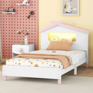 Kumix Platform Bed with House-shaped Headboard and Motion Activated Night Lights, Wood Twin Size Platform Bed with Low Design for Kids Teens Adults, No Box Spring Needed, Noise-Free, White+Pink