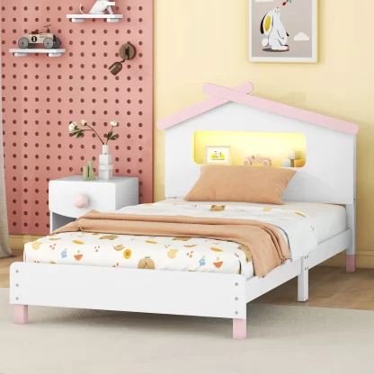 Kumix Platform Bed with House-shaped Headboard and Motion Activated Night Lights, Wood Twin Size Platform Bed with Low Design for Kids Teens Adults, No Box Spring Needed, Noise-Free, White+Pink