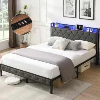 Kumix Full Size Platform Bed with Storage Headboard, Charging Station and LED Lights, Upholstered Platform Bed with Heavy Metal Slats for Kids Teens Adults, Noise Free, Easy Assembly, Dark Gray