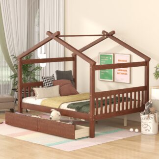 Kumix Platform Bed with Drawers, Wooden House Platform Bed Full Size with Roof Frame, Headboard and Footboard for Kids Teens Adults, Heavy Duty Platform Bed for Bedroom, Noise-Free, Walnut