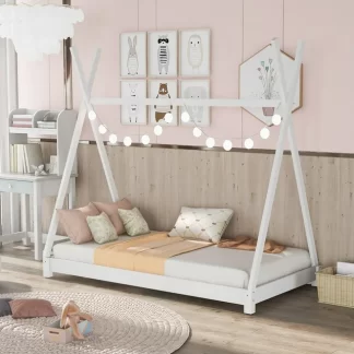 Kumix Floor Bed Twin Size, Tent Floor Bed with Triangle Structure, 8 Slats Support for Kids Young Teens Boys and Girls, Wooden Floor Bed Frame for Bedroom, Dorm, Noise-Free, White