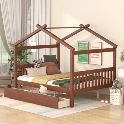 Kumix Platform Bed with Drawers, Wooden House Platform Bed Full Size with Roof Frame, Headboard and Footboard for Kids Teens Adults, Heavy Duty Platform Bed for Bedroom, Noise-Free, Walnut