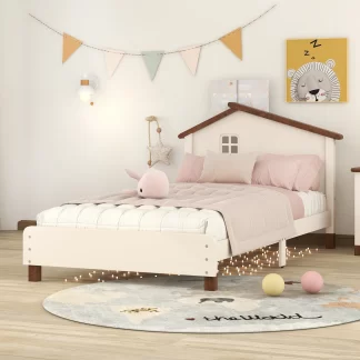 Kumix Platform Bed with House-shaped Headboard, Wood Platform Bed Twin Size with 10 Slats Support for Kids Teens Adults, Noise-Free Platform Bed Frame for Bedroom, Dorm, Easy Assembly, Cream+Walnut