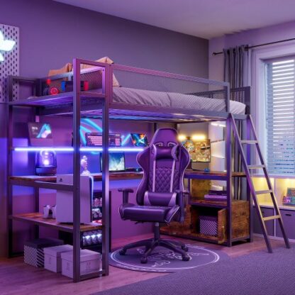 Kumix Loft Bed with Desk, Metal Loft Bed Twin Size with Built-in Work Station, LED, Shelves and Multiple Storage for Kids Teens Adults, Noise-Free Loft Bed Frame with Guardrail and Ladder, Black