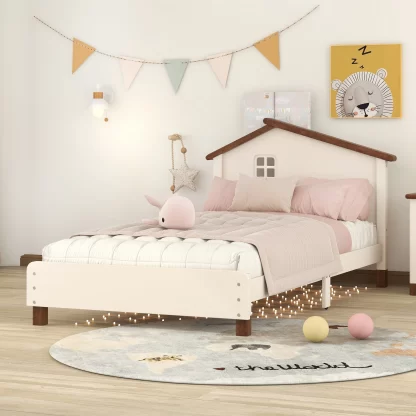 Kumix Platform Bed with House-shaped Headboard, Wood Platform Bed Twin Size with 10 Slats Support for Kids Teens Adults, Noise-Free Platform Bed Frame for Bedroom, Dorm, Easy Assembly, Cream+Walnut