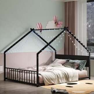 Kumix Floor Bed with Colorful Lights, Metal House Floor Bed Full Size with Roof and 13 Slats Support, House Bed Frame for Boys, Girls and Young Teens, Noise-Free, No Box Spring Needed, Black