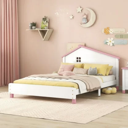 Kumix Platform Bed with House-shaped Headboard, Wood Platform Bed Full Size with 10 Slats Support for Kids Teens Adults, Noise-Free Platform Bed Frame for Bedroom, Dorm, Easy Assembly, White+Pink