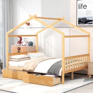 Kumix Platform Bed with Two Drawers, Wooden House Platform Bed Full Size with Headboard and Footboard, Roof Design for Kids Teens Boys and Girls, Noise-Free, No Box Spring Needed, Gray