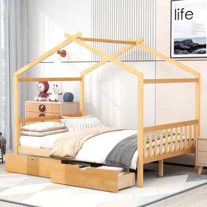 Kumix Platform Bed with Two Drawers, Wooden House Platform Bed Full Size with Headboard and Footboard, Roof Design for Kids Teens Boys and Girls, Noise-Free, No Box Spring Needed, Gray