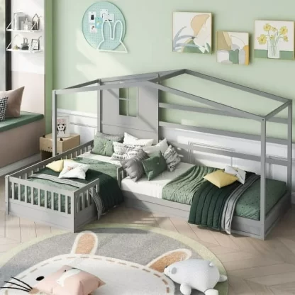 Kumix L-Shaped Platform Beds with Roof, Wood 2 Twin Corner Bed Beds with Fence Guardrail and Slatted Frame for Kids Teens Guests, Low Platform Beds for Bedroom, 2 in 1, Noise-Free, Gray