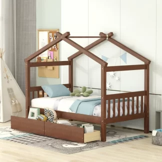 Kumix Platform Bed with Drawers, Wooden House Platform Bed Twin Size with Roof Frame, Headboard and Footboard for Kids Teens Adults, Heavy Duty Platform Bed for Bedroom, Noise-Free, Walnut