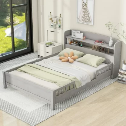 Kumix Platform Bed with Built-in LED Light, Wood Full Size Platform Bed with Storage Headboard and Full- Length Guardrail for Kids Teens Boys and Girls, Full Platform Bed Frame for Bedroom, Grey
