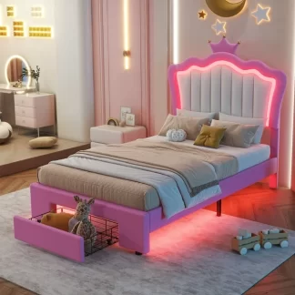 Kumix Twin Size Platform Bed with LED Lights, Modern Upholstered Princess Bed with Crown Headboard, a Drawer for Kids Boys and Girls, Platform Bed Frame for Bedroom, Easy Assembly, Pink+White