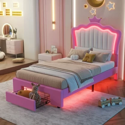 Kumix Twin Size Platform Bed with LED Lights, Modern Upholstered Princess Bed with Crown Headboard, a Drawer for Kids Boys and Girls, Platform Bed Frame for Bedroom, Easy Assembly, Pink+White