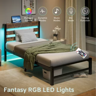 Kumix Platform Bed with USB Charging Station, LED, Metal Twin Size Platform with Headboard and Storage Shelf for Kids Teens Adults, Twin Platform Bed Frame, Strong Steel Slats, Noise Free, Brown