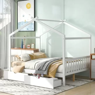 Kumix Platform Bed with Two Drawers, Wooden House Platform Bed Full Size with Headboard and Footboard, Roof Design for Kids Teens Boys and Girls, Noise-Free, No Box Spring Needed, White