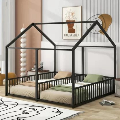 Kumix Platform Beds Twin Size, 2 Metal House Platform Beds with Roof Frame, without Slats Design for Kids Twins, Teens Adults, Two Shared Beds, No Box Spring Needed, Noise-Free, Easy Assembly, Black