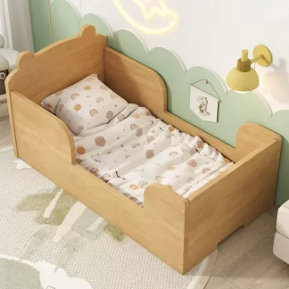 Kumix Floor Bed Twin Size, Cot Bed for Boys and Girls Ages 3-6, Bear Shape Toddler Bed with Fence Guardrail and Slats, Wooden Floor Bed for Bedroom, Noise-Free, Easy Assembly, Yellow