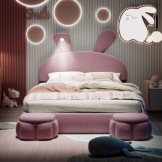 Kumix Upholstered Platform Bed with Cartoon Ears Shaped Headboard and Light, Kids Platform Bed Full Size with Storage for Boys and Girls Teens, Upholstered Platform Bed Frame for Bedroom, Pink