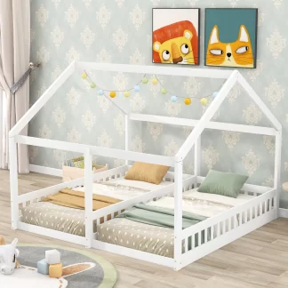 Kumix Double Floor Beds Twin Size, Wooden House Floor Beds with Roof Frame, Fence Guardrail for 2 Kids Twins, Teens Boys/Girls, Two Shared Beds, Heavy Duty Floor Bed for Bedroom, Noise-Free, White