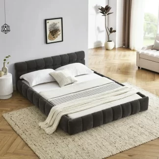 Kumix Queen Size Platform Bed, Upholstered Platform Bed with Thick Fabric, Chenille Fabric Grounded for Kids Teens Adults, Queen Platform Bed Frame with Headboard and Solid Frame, Dark Grey