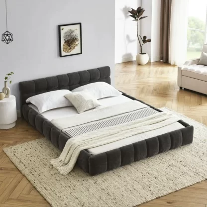 Kumix Queen Size Platform Bed, Upholstered Platform Bed with Thick Fabric, Chenille Fabric Grounded for Kids Teens Adults, Queen Platform Bed Frame with Headboard and Solid Frame, Dark Grey