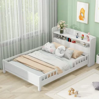 Kumix Platform Bed with Built-in LED Light, Wood Full Size Platform Bed with Storage Headboard and Full- Length Guardrail for Kids Teens Boys and Girls, Full Platform Bed Frame for Bedroom, White