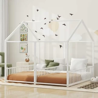Kumix Platform Beds Twin Size, 2 Metal House Platform Beds with Roof Frame, without Slats Design for Kids Twins, Teens Adults, Two Shared Beds, No Box Spring Needed, Noise-Free, Easy Assembly, White