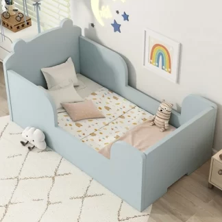 Kumix Floor Bed Twin Size, Toddler Floor Bed for Boys and Girls Ages 3-6, Bear Shape Cot Bed with Fence Guardrail and Slats, Wooden Floor Bed for Bedroom, Noise-Free, Easy Assembly, Blue