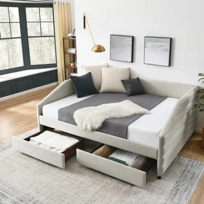 Kumix Queen Daybed with Drawers, Upholstered Sofa Bed with Channel Tufted Backrest for Kids Teens Adults, Linen Fabric Daybed for Bedroom, Daybed Frame with Wood Slats Supports, Beige