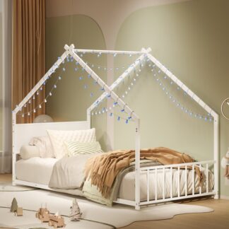 Kumix Floor Bed with Colorful Lights, Metal House Floor Bed Frame with Roof and 13 Slats Support, Twin Size House Bed for Boys, Girls and Young Teens, Noise-Free, No Box Spring Needed, White