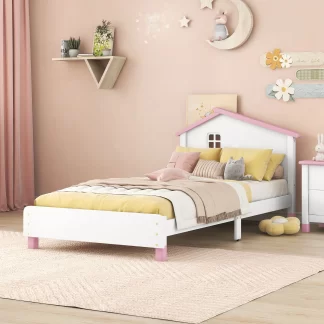 Kumix Platform Bed with House-shaped Headboard, Wood Platform Bed Twin Size with 10 Slats Support for Kids Teens Adults, Noise-Free Platform Bed Frame for Bedroom, Dorm, Easy Assembly, White+Pink