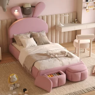 Kumix Upholstered Platform Bed with Cartoon Ears Shaped Headboard and Light, Kids Platform Bed Twin Size with Storage for Boys and Girls Teens, Upholstered Platform Bed Frame for Bedroom, Pink