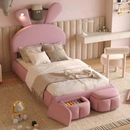 Kumix Upholstered Platform Bed with Cartoon Ears Shaped Headboard and Light, Kids Platform Bed Twin Size with Storage for Boys and Girls Teens, Upholstered Platform Bed Frame for Bedroom, Pink