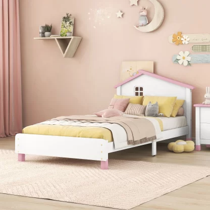 Kumix Platform Bed with House-shaped Headboard, Wood Platform Bed Twin Size with 10 Slats Support for Kids Teens Adults, Noise-Free Platform Bed Frame for Bedroom, Dorm, Easy Assembly, White+Pink