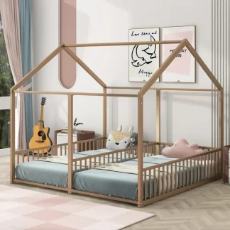 Kumix Platform Beds Twin Size, 2 Metal House Platform Beds with Roof Frame, without Slats Design for Kids Twins, Teens Adults, Two Shared Beds, No Box Spring Needed, Noise-Free, Easy Assembly, Brown
